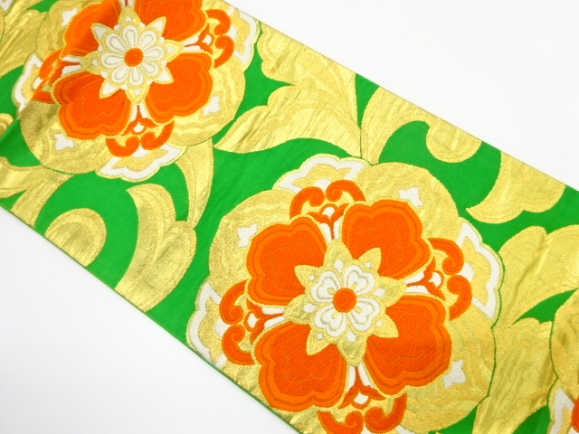 JAPANESE KIMONO / ANTIQUE FUKURO OBI / SILK / WOVEN FLORAL CREST ARABESQUE